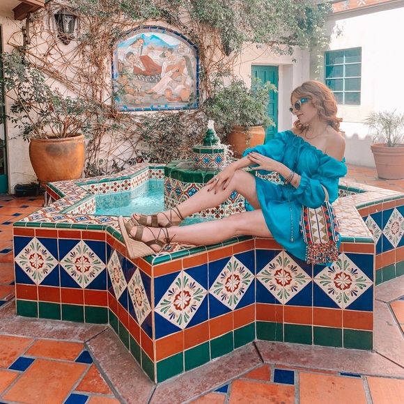 Teal Off-the-shoulder Dress with Elastic Waist - Picture 4 of 4